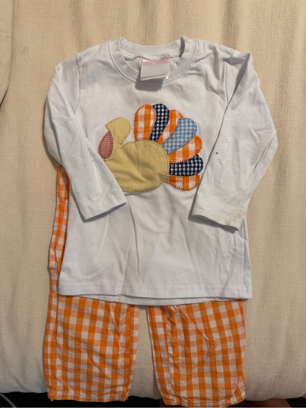 Baby boy White Long-Sleeve Top with Orange smocked Turkey Appliqué Stitchy fish